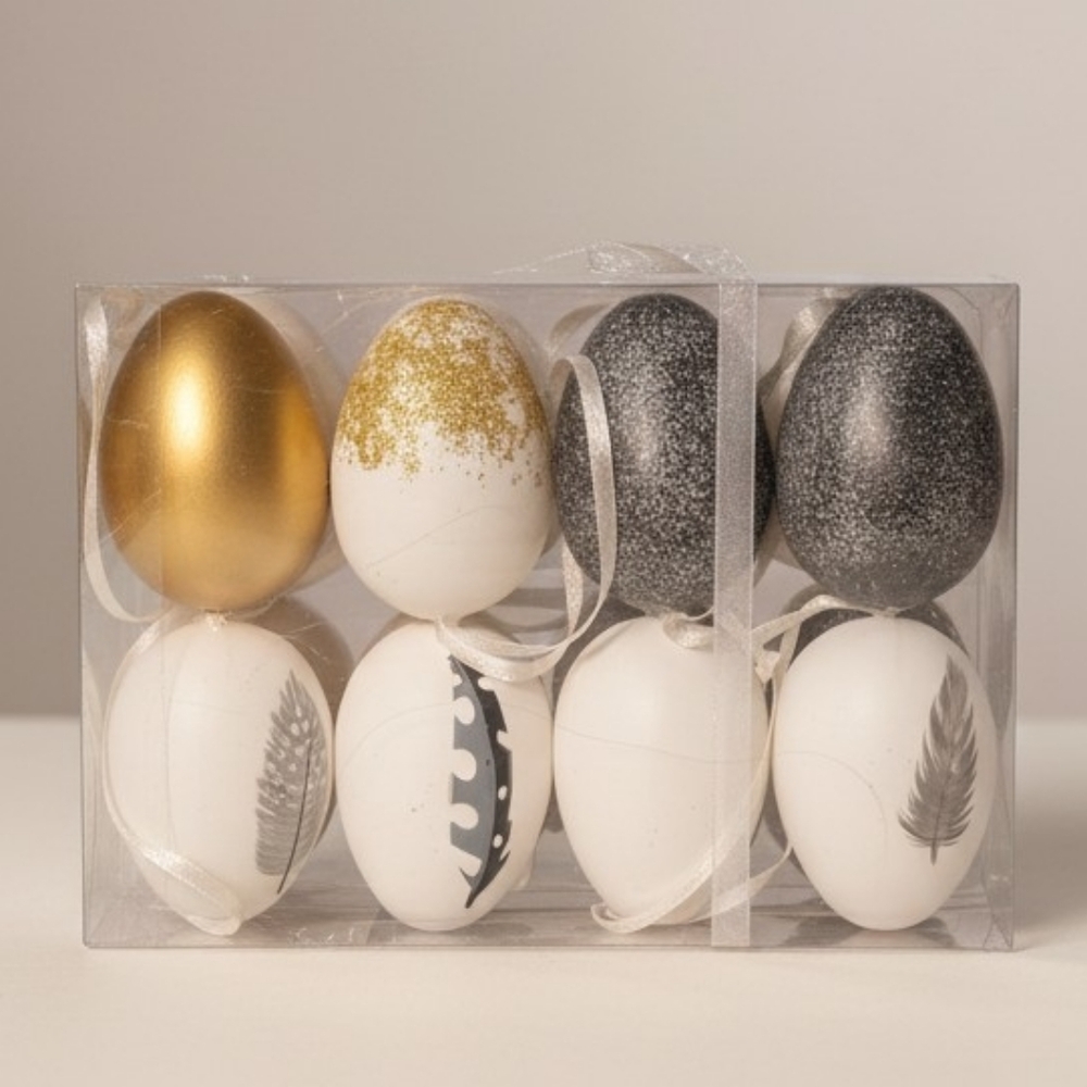 Decorative Holiday Egg Ornament Set - White, Gold, Black